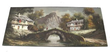J Garrid(?), figure crossing a bridge in a mountainous landscape, oil on canvas.