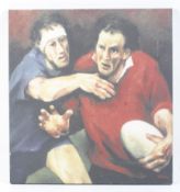 A coloured print depicting Gareth Edwards 'on the field' in a rugby match.