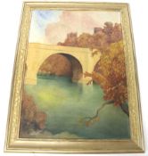 Oil painting on canvas of a bridge with a church in the background. Framed.