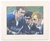 Jenifer Shearn, 20th century, oil on canvas painting of a rugby match, Bath front row.