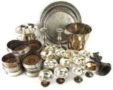 A quantity of assorted silver plated items. Including an ice bucket, trays and bottle coasters, etc.