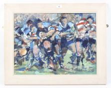 Jenifer Shearn, 20th century, oil on canvas laid on board painting of a rugby match,
