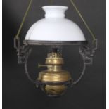 A 19th century pendant ceiling gas lamp. With cast iron frame and white glass domed shade.