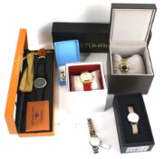 Six modern lady's and gentleman's 'designer' wrist and bracelet watches including examples by Gucci.