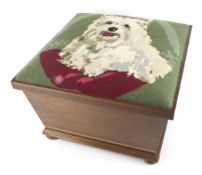 A mahogany box. Of tapered form, decorated with a Scottie dog needlework top.