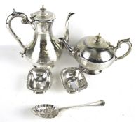 A silver-plated baluster shaped and engraved tea pot and coffee pot.