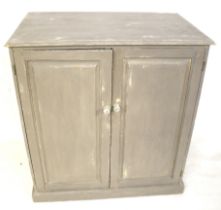 A grey painted pine two door cupboard. With two fixed shelves.