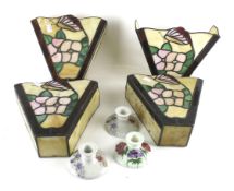 A set of four 20th century leaded glass wall lights and three Art Deco E Radford candlesticks.