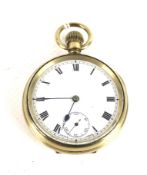 An early 20th century gold-plated open face keyless pocket watch.