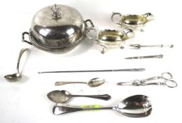 A George III silver old English pattern tea spoon and collection of plated items.