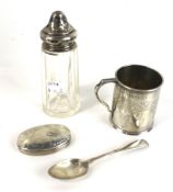A small collection of silver including an Edwardian straight-sided christening mug.