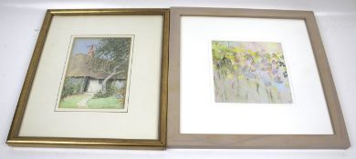 Two watercolours of a thatched cottage and flowers.