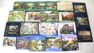 Twenty-one jigsaw puzzles, including Falcon and Corner Piece examples, all boxed.