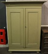 A Victorian green painted kitchen or linen cupboard with six shelves inside.