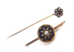 A late Victorian rose gold, enamel and half-pearl bar brooch and a flower-head cluster stick pin.