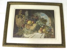 A 20th century coloured print. Depicting a tray of fruit in Romanesque surroundings, 30.5cm x 41.