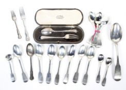 A collection of George III and later silver fiddle pattern flatware, including some Irish.