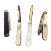 Four Victorian and later silver bladed pocket fruit knives.