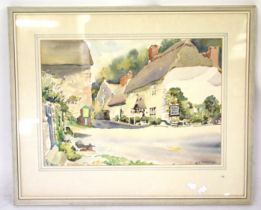 Leslie Thomas Channing, 20th century, watercolour, country lane with thatched cottages. 37cm x 51.
