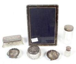 A small group of silver and silver mounted items to include a pair of Edwardian shell shaped salts.