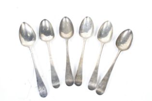 Six various George III and later silver old English pattern table spoons.