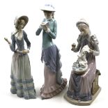 Three Lladro figures of ladies. All wearing historical attire, Max.