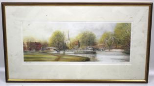 A signed limited edition print. View of a river with bridges. No. 607/850. Framed and glazed.