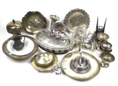 A collection of miscellaneous silver-plated items to include an oval meat dish stand with a glass