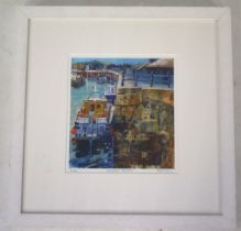 Pam Kaye, signed limited edition colour print, 'Padstow Harbour', no 8/50. Framed and glazed.