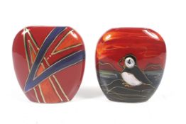 Two Anita Harris purse vases, Puffin and Zigzag.