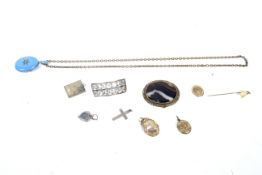 A collection of period costume jewellery and other items including a pale-blue enamelled oval