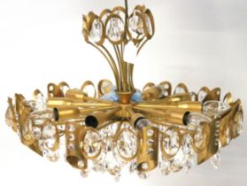 A mid-century gilt metal crystal ceiling pendant by Sciolari.