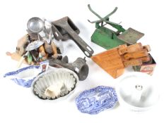 A collection of assorted vintage kitchenalia. Including a set of scale with weights, etc.