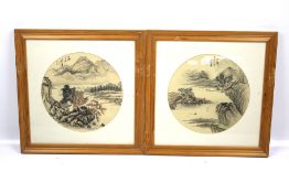 A pair of Chinese watercolour tondo paintings on silk. Framed and glazed.