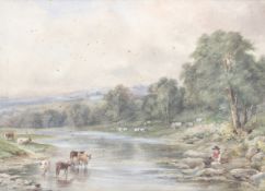 F M McArthur, 19th century English School, watercolour and body colour. 'Fishing besides a river'.