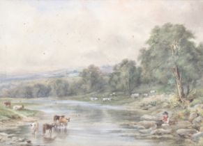 F M McArthur, 19th century English School, watercolour and body colour. 'Fishing besides a river'.