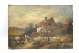19th century English School, oil on card of a milkmaid and cow outside a farm. Unsigned.