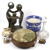 An assortment of collectables. Including a footstool, soapstone sculpture, etc. Max.