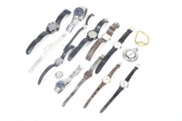 A small collection of bracelet and wrist watches and an Ingersol chrome plated keyless pocket watch.