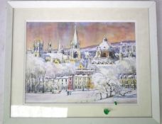 Watercolour painting of a 'winter scene'. Possibly Oxford in the snow. Signed. 39cm x 29cm.