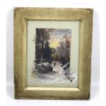 A 20th century oil on board. Depicting a snowy forest scene featuring a hunter, unsigned, 23cm x 17.