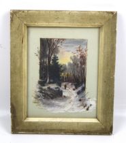 A 20th century oil on board. Depicting a snowy forest scene featuring a hunter, unsigned, 23cm x 17.
