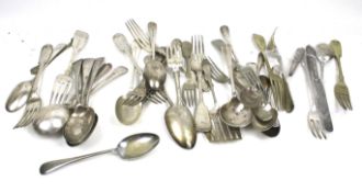 Two silver handled Queens pattern tea knife handles and a quantity of plated flatware to include