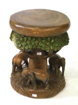 A carved wooden stool.
