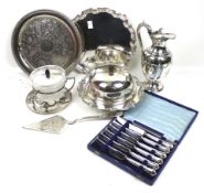 A set of six silver handles tea knives and a collection of silver-plated items.