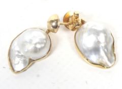 A pair of baroque cultured-blister-pearl pendent earrings.