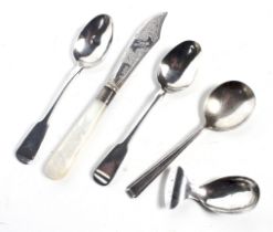 A small collection of silver including an oval caddy spoon,