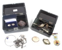A small collection of miscellaneous costume jewellery and other items in two oriental lacquered