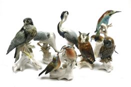A collection of six German Karl Ens porcelain birds. Including kingfishers, owls, herons, etc. Max.