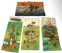 Four African batique paintings on cloth, three of village scenes and one of boys with fishing nets.